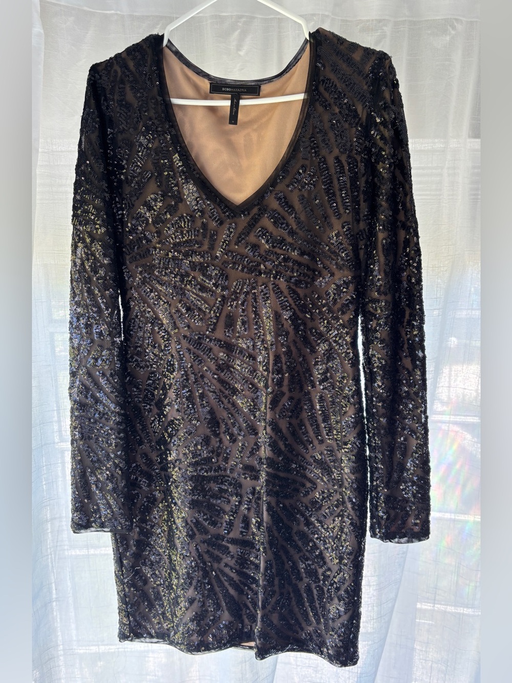 BCBGMaxAzria Black Nude Sequin V-Neck Long Sleeve Mini Dress